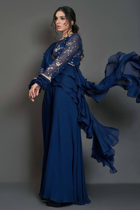 Suruchi Parakh_Blue Georgette Lining Shantoon Sequin And Thread Round Crop Top & Pant Set_Online_at_Aza_Fashions