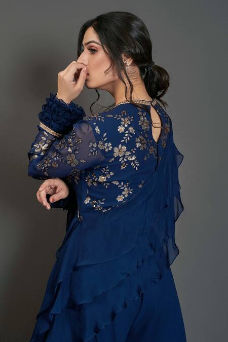 Shop_Suruchi Parakh_Blue Georgette Lining Shantoon Sequin And Thread Round Crop Top & Pant Set_Online_at_Aza_Fashions