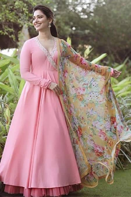 Nikasha Pink Cotton V Neck Angrakha Kurta With Printed Dupatta 