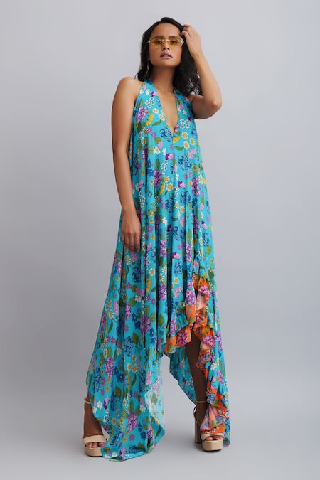 Nautanky_Blue Viscose Crepe Floral Halter Print Asymmetric Dress _Online_at_Aza_Fashions