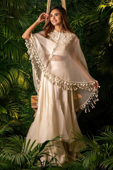 Pallavi Poddar_Ivory Satin, Organza, Silk Pearls Rose Cape And Tiered Skirt Set _Online_at_Aza_Fashions