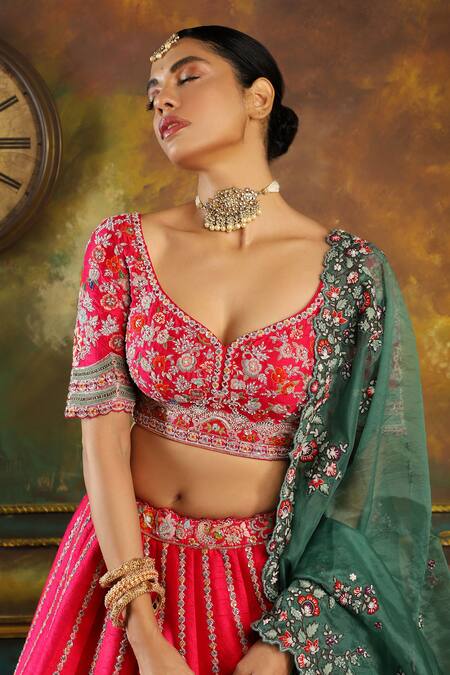 Pallavi Poddar_Fuchsia Silk, Organza Embroidery, Zari Plunge Neck Resham Bridal Lehenga Set _Online_at_Aza_Fashions