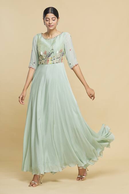 Buy Green Chiffon Embroidered Gown For Women by Desert Shine by ...