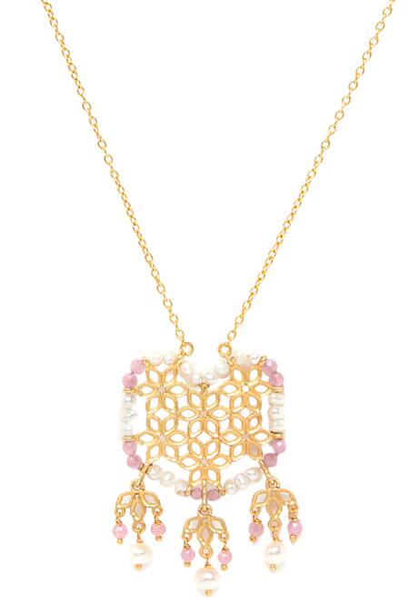 Zariin Gold Plated Bead Cutwork Pendant Necklace Online at Aza Fashions Zariin_Gold Plated Bead Cutwork Pendant Necklace _Online_at_Aza_Fashions