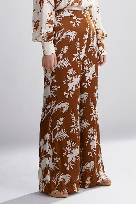 Koai_Brown Silk Floral Print Pant For Kids_Online_at_Aza_Fashions