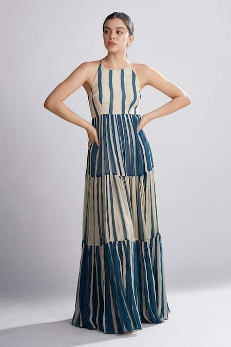 Koai_White Chiffon Striped Tiered Maxi Dress _Online_at_Aza_Fashions