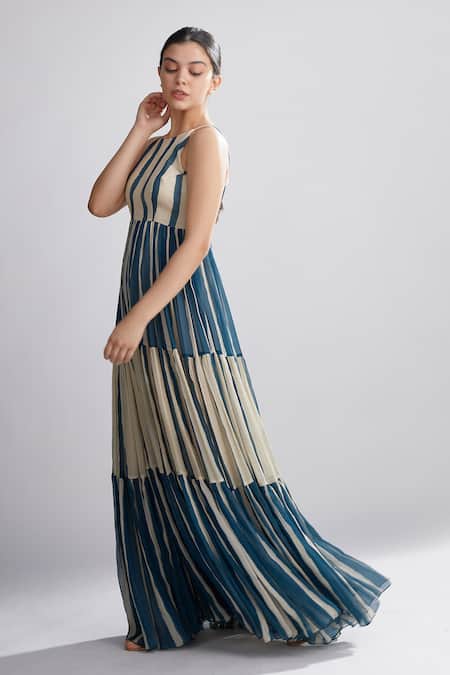 Buy_Koai_White Chiffon Striped Tiered Maxi Dress _Online_at_Aza_Fashions