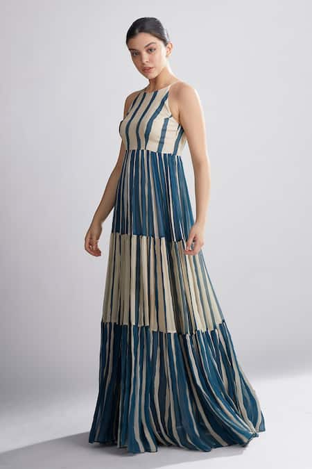 Shop_Koai_White Chiffon Striped Tiered Maxi Dress _Online_at_Aza_Fashions