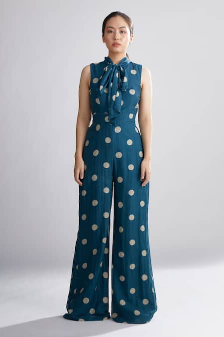 Koai_Green Cotton Silk Polka Dot Jumpsuit _Online_at_Aza_Fashions