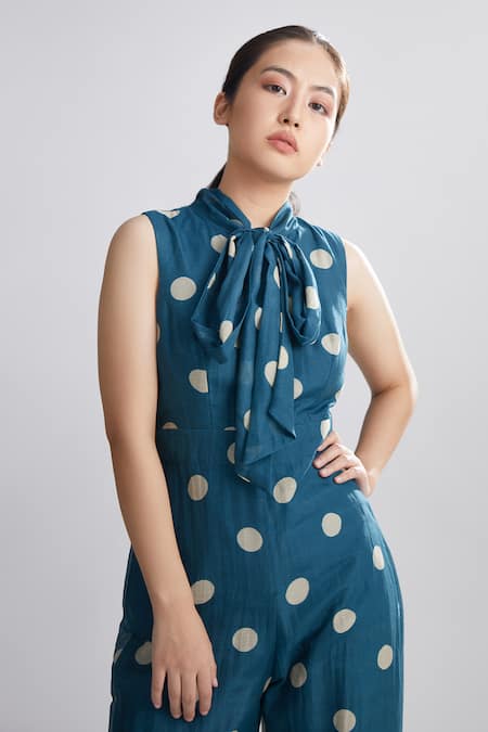 Buy_Koai_Green Cotton Silk Polka Dot Jumpsuit _Online_at_Aza_Fashions