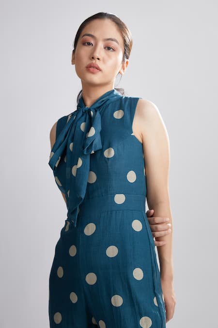 Shop_Koai_Green Cotton Silk Polka Dot Jumpsuit _Online_at_Aza_Fashions