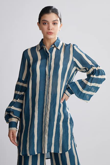 Koai_Green Chanderi Silk Striped Shirt Tunic _at_Aza_Fashions