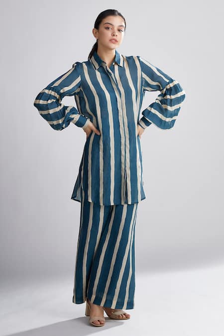 Koai_Green Chanderi Silk Striped Shirt Tunic _Online_at_Aza_Fashions