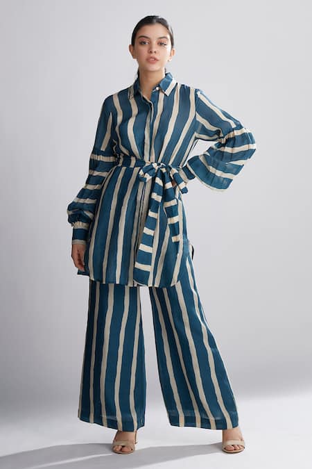 Buy_Koai_Green Chanderi Silk Striped Shirt Tunic _Online_at_Aza_Fashions