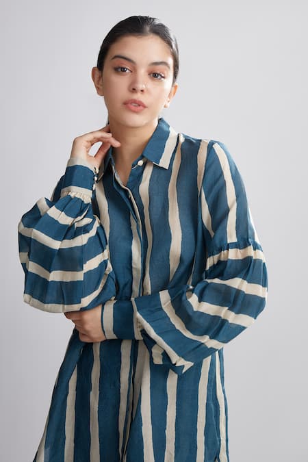 Shop_Koai_Green Chanderi Silk Striped Shirt Tunic _Online_at_Aza_Fashions