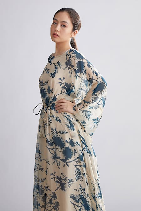 Koai_White Chiffon Floral Print Kaftan_Online_at_Aza_Fashions