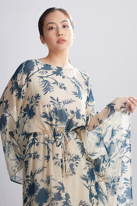 Shop_Koai_White Chiffon Floral Print Kaftan_Online_at_Aza_Fashions