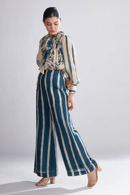 Koai_Green Chanderi Silk Striped Pant_Online_at_Aza_Fashions