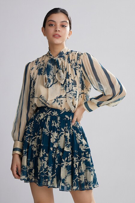 Women's Floral Print Pleated Long Sleeve Blouse