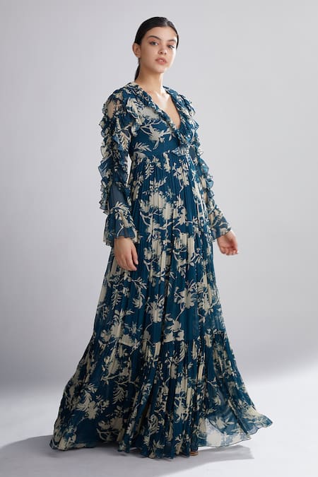Koai_Green Chiffon Floral Print Maxi Dress_Online_at_Aza_Fashions