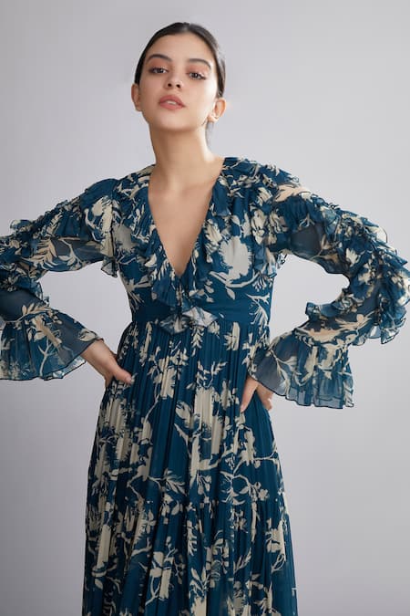 Koai_Green Chiffon Floral Print Maxi Dress_at_Aza_Fashions