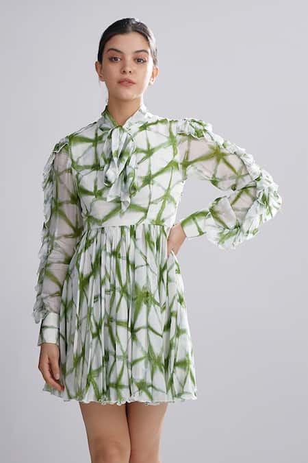 Shop_Koai_White Chiffon Shibori Ruffle A-line Dress _Online_at_Aza_Fashions