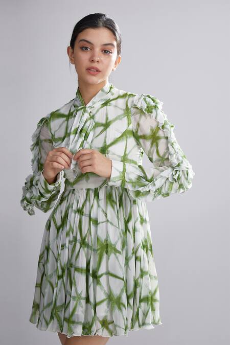 Koai_White Chiffon Shibori Ruffle A-line Dress _at_Aza_Fashions