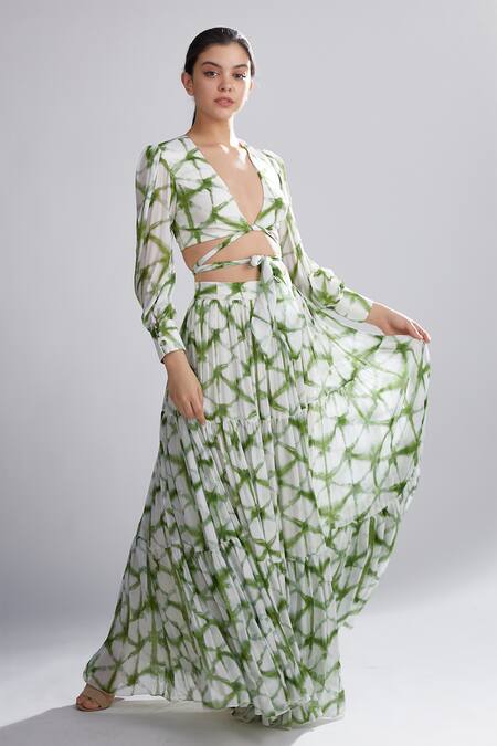 Shop_Koai_White Chiffon Shibori Pleated Crop Top_Online_at_Aza_Fashions