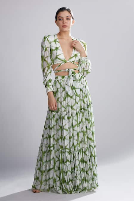 Koai_White Chiffon Shibori Pleated Crop Top_Online_at_Aza_Fashions