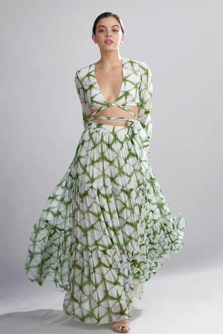 Buy_Koai_White Chiffon Shibori Pleated Crop Top_Online_at_Aza_Fashions