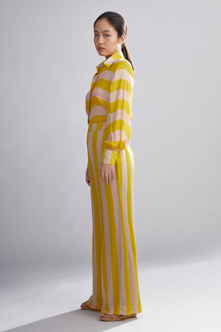 Koai_Yellow Silk Striped Pant For Kids_Online_at_Aza_Fashions