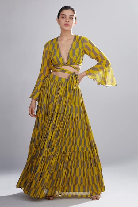 Koai_Yellow Chiffon Geometic Print Tie-up Crop Top _Online_at_Aza_Fashions