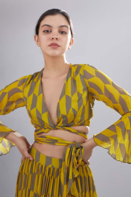 Koai_Yellow Chiffon Geometic Print Tie-up Crop Top _at_Aza_Fashions