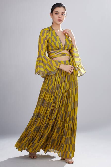 Koai_Yellow Chiffon Geometric Print Pleated Skirt _Online_at_Aza_Fashions