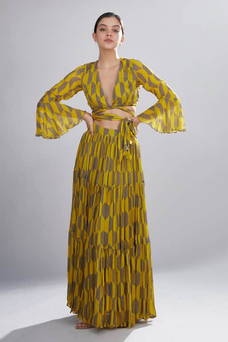Buy_Koai_Yellow Chiffon Geometric Print Pleated Skirt _Online_at_Aza_Fashions