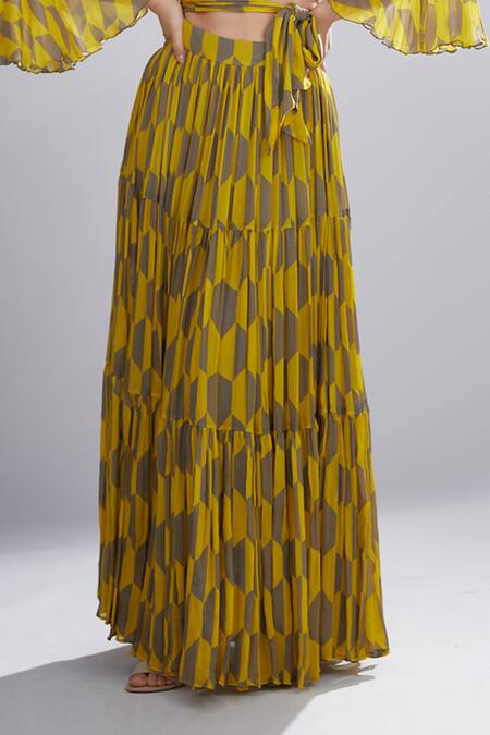Shop_Koai_Yellow Chiffon Geometric Print Pleated Skirt _Online_at_Aza_Fashions