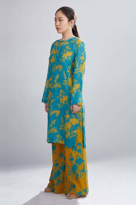 Koai_Blue Chanderi Silk Floral Print Kurta_Online_at_Aza_Fashions