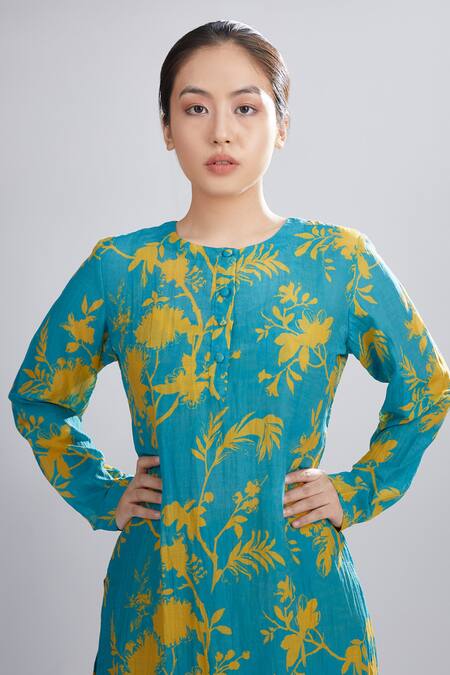 Buy_Koai_Blue Chanderi Silk Floral Print Kurta_Online_at_Aza_Fashions