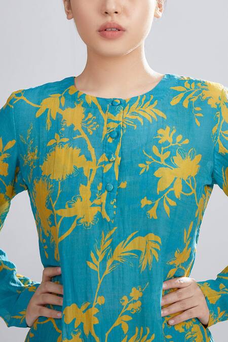 Shop_Koai_Blue Chanderi Silk Floral Print Kurta_Online_at_Aza_Fashions