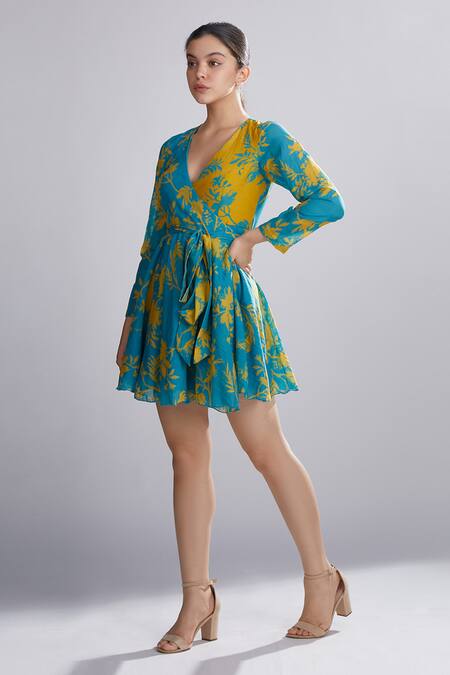 Koai_Blue Chanderi Silk Wrap Dress_Online_at_Aza_Fashions