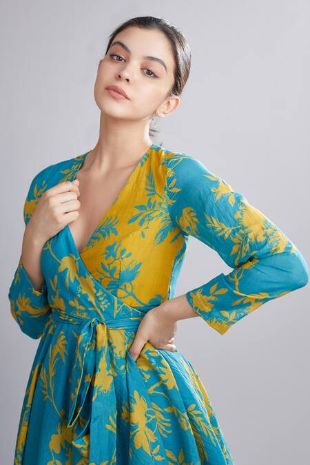 Buy_Koai_Blue Chanderi Silk Wrap Dress_Online_at_Aza_Fashions