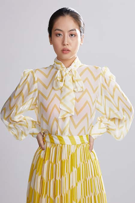 KoAi Chevron Print Bow Shirt 