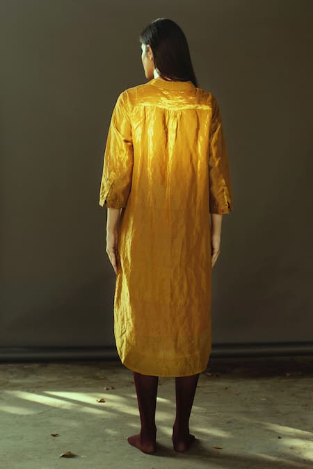 Shorshe Clothing Gold Handloom Tissue Band Collar Kurta Online at Aza Fashions Shorshe Clothing_Gold Handloom Tissue Band Collar Kurta _Online_at_Aza_Fashions