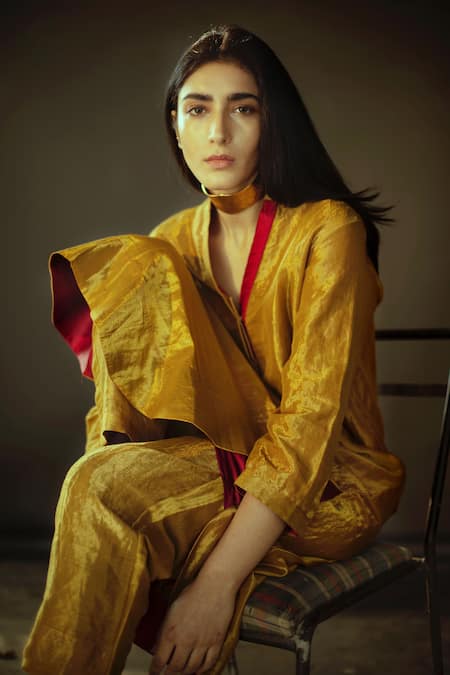 Buy Shorshe Clothing Gold Handloom Tissue Band Collar Kurta Online at Aza Fashions Buy_Shorshe Clothing_Gold Handloom Tissue Band Collar Kurta _Online_at_Aza_Fashions