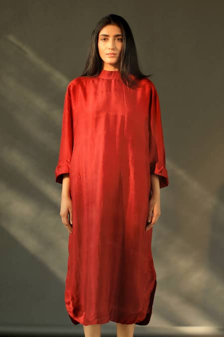 Shorshe Clothing Red Handloom Mulberry Silk Band Collar Dress 