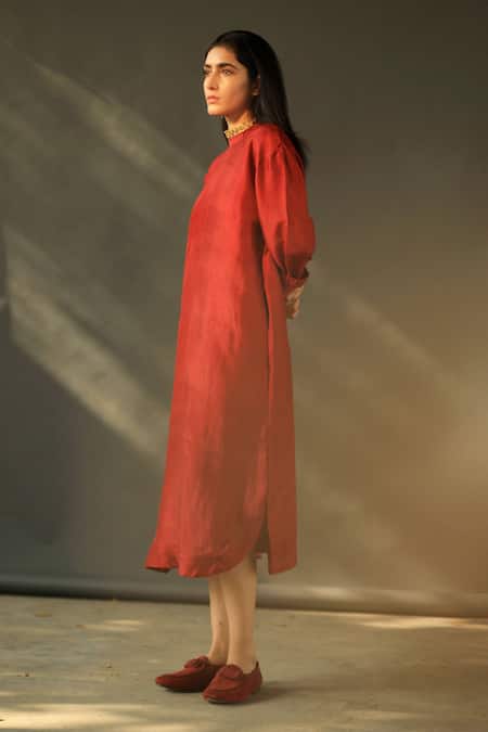 Buy Shorshe Clothing Red Handloom Mulberry Silk Band Collar Dress Online at Aza Fashions Buy_Shorshe Clothing_Red Handloom Mulberry Silk Band Collar Dress _Online_at_Aza_Fashions
