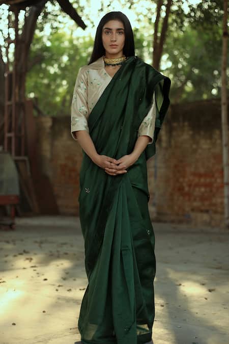Buy Green Saree And Blouse & Chanderi Facing With For Women by