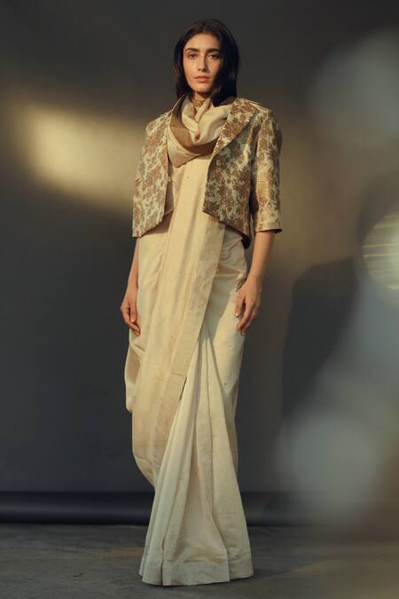 Shorshe Clothing White Saree Handloom Chanderi Blouse Tissue Embroidered Online at Aza Fashions Shorshe Clothing_White Saree Handloom Chanderi Blouse Tissue Embroidered_Online_at_Aza_Fashions