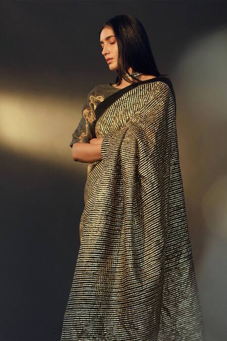 Shorshe Clothing_Blue Gota Net Stripes Saree_Online_at_Aza_Fashions