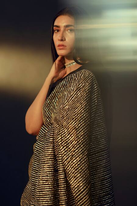 Buy_Shorshe Clothing_Blue Gota Net Stripes Saree_Online_at_Aza_Fashions